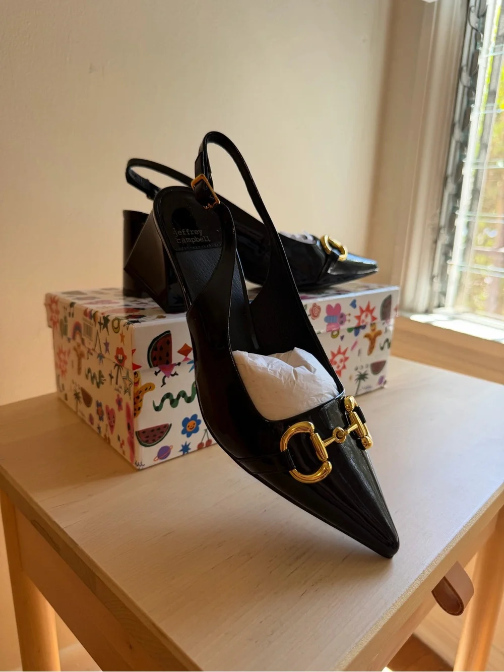 Jeffrey Campbell Black Patent Pointed Slingback Pumps with Gold Hardware